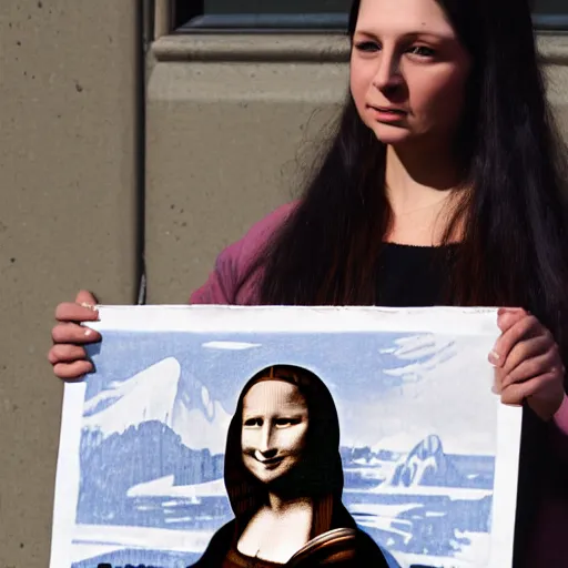 Image similar to the Mona Lisa in real life holding a picket sign protesting for abortion rights at a rally downtown, ultra detailed, 8k resolution, ultrarealistic