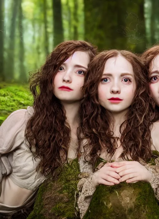 Image similar to a headshot portrait of three happy nymphs in the forst, extremely realistic and highly detailed 8 k, sharp focus, atmospheric lighting, dramatic volumetric lighting, extremely realistic faces