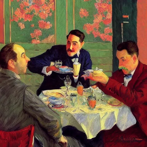 Image similar to seinfeld fancy tea party, digital art, illustration, highly detailed, warm color scheme, soft lighting, sharp focus, gustave caillebotte, pyotr konchalovsky