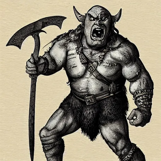 Image similar to orc with axe, full body, dnd, high detail, fantasy, in the style of vintage antique illustration and line drawing or engraving - c 9. 0