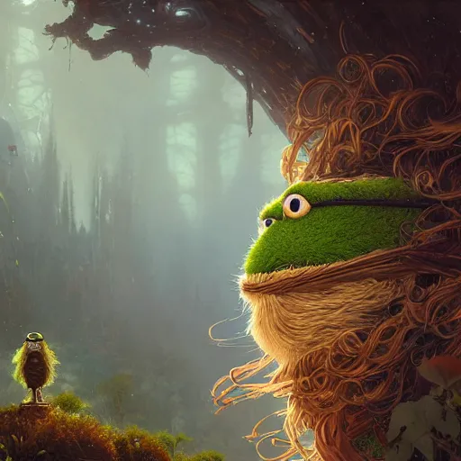 Image similar to highly detailed portrait of oscar the grouch with long hairs, stephen bliss, unreal engine, fantasy art by greg rutkowski, loish, rhads, ferdinand knab, makoto shinkai and lois van baarle, ilya kuvshinov, rossdraws, tom bagshaw, alphonse mucha, global illumination, radiant light, detailed and intricate environment