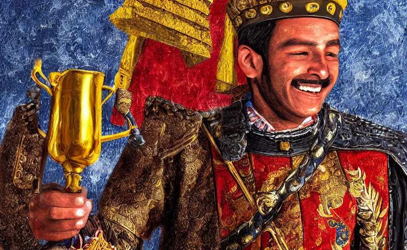 Image similar to smiling spanish conquer soldier holding golden cup on a inca temple, highly detailed, digital painting