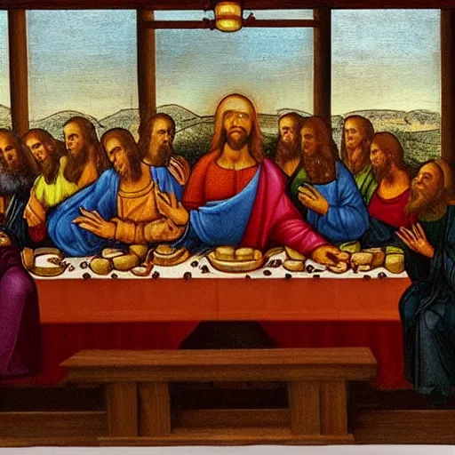 Prompt: jesus and the 1 2 disciples eating the last supper at applebees, in the style of leonardo da vinci