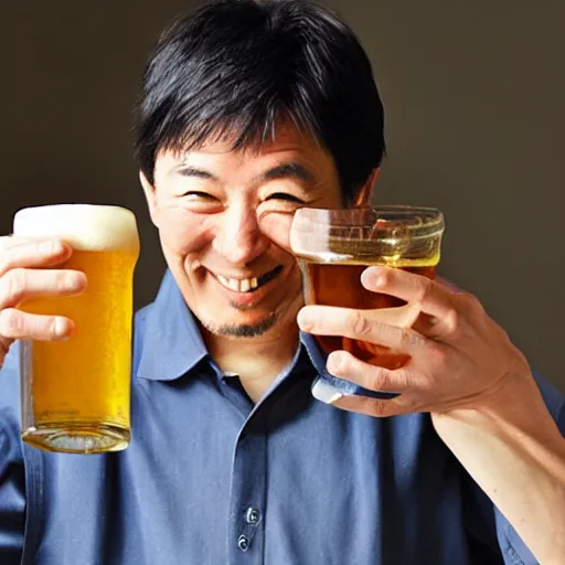 Image similar to a man happily drinks beer by Kimitake Yoshioka.