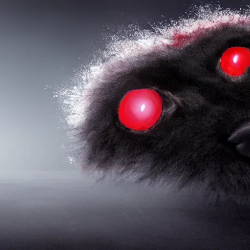 Image similar to a large glob of black fuzz floating in the middle of the screen, red eyes, white background, matte painting, concept art, 4 k