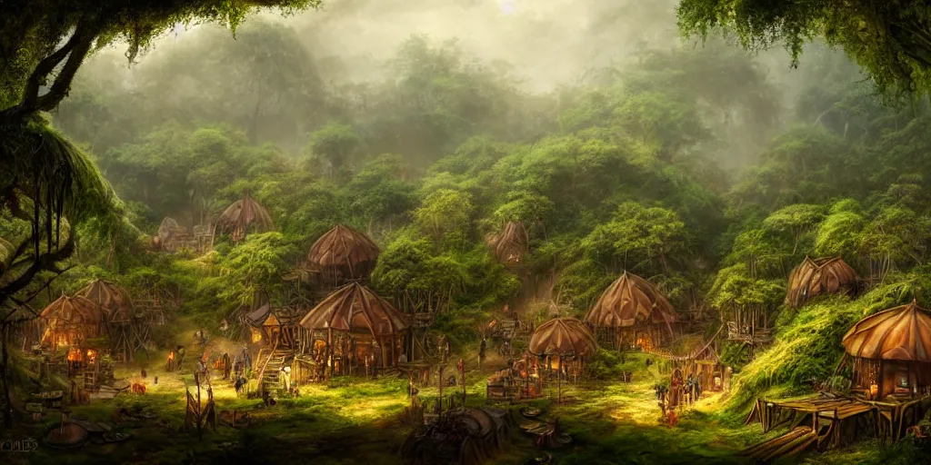 Prompt: a clearing in the jungle reveals a village full of merchant tents and mushroom huts, matte oil painting, science fantasy, retrofuturistic, biblical, rpg, queer, pride, epic, extremely detailed, sharp focus, 4 k