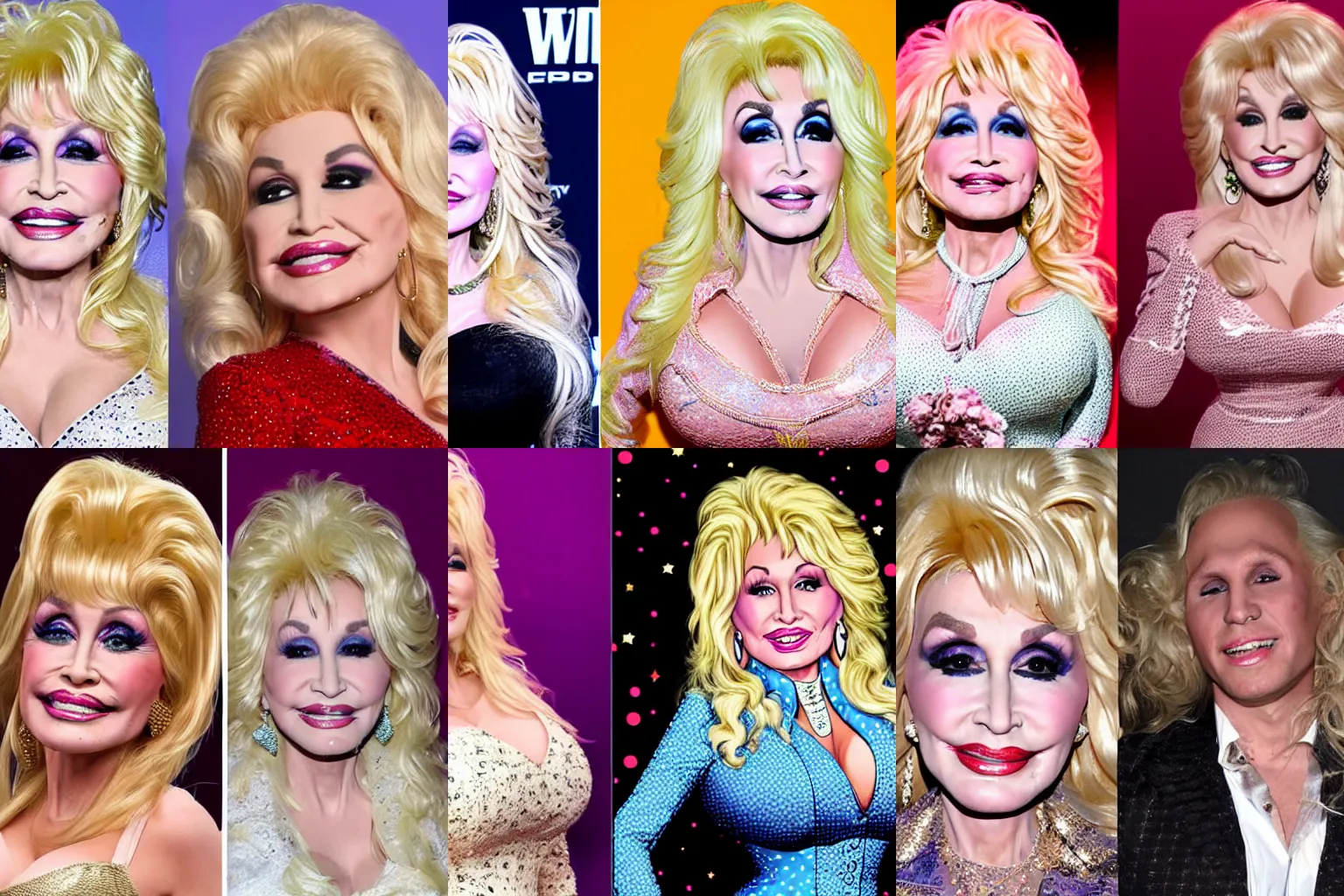 Prompt: dolly parton and trixie mattel depicted as gorgeous blond men