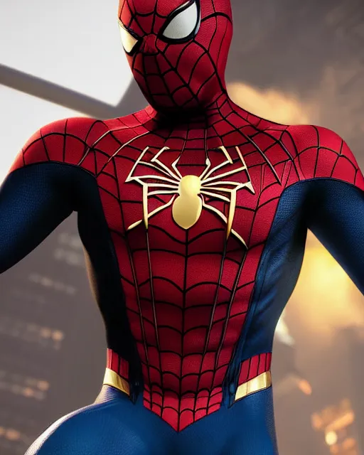 Image similar to photorealistic, hyperdetailed photograph of black spider - man suit with gold webbing by insomniac games