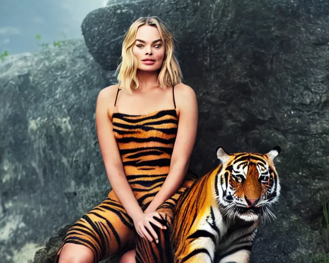 Image similar to A photo of margot robbie sitting on a tiger, highly detailed, detailed face, beautiful face, blue eyes, 4k, hd, sharp, cinematic