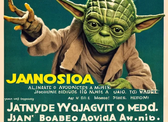 Image similar to vintage travel advertisement for jamaica, of yoda made out of cannabis