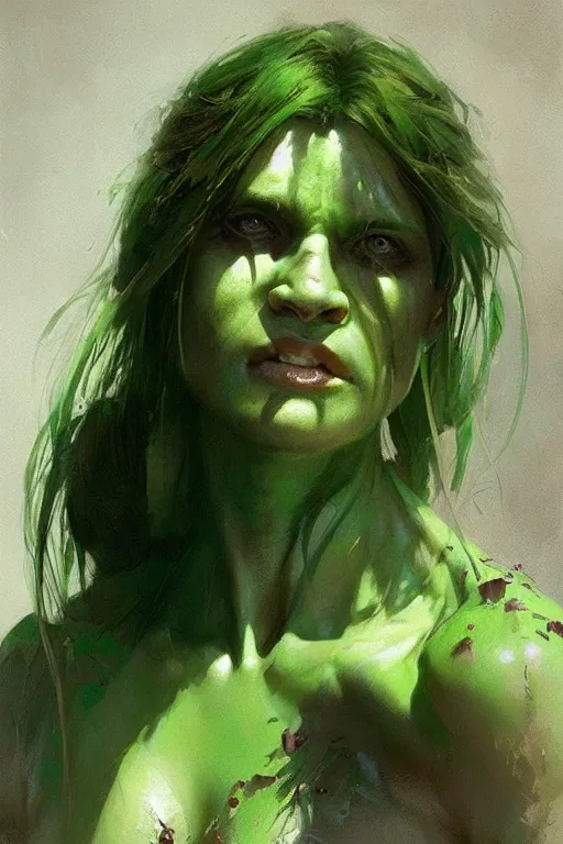 Prompt: green orc female, light green tone beautiful face, by greg rutkowski, by jeremy mann, digital painting