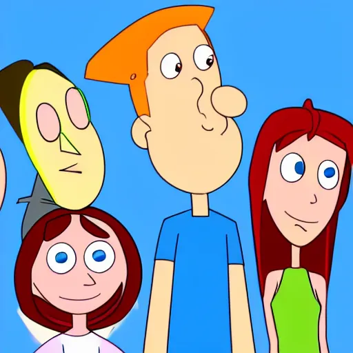 Image similar to phineas and ferb with a round head in cartoon style