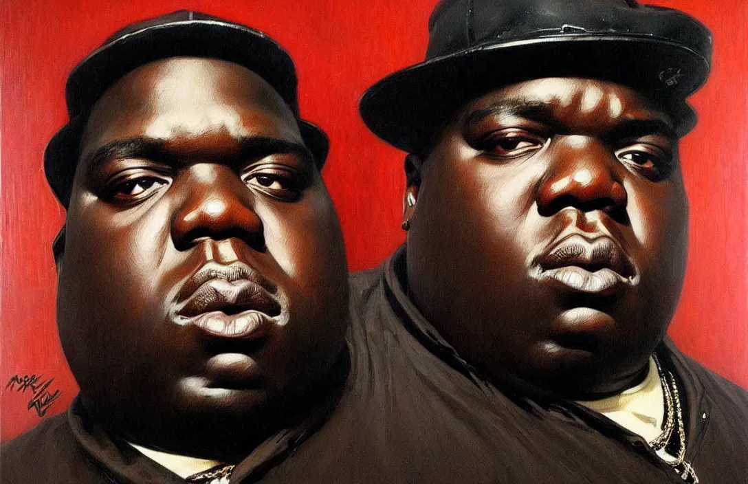 Image similar to portrait of biggie smalls!!!!!!!!!!!!!!!!!!!!!!!!!!!, detailed face, detailed painting,, epic lighting, by ilya repin, phil hale and kent williams