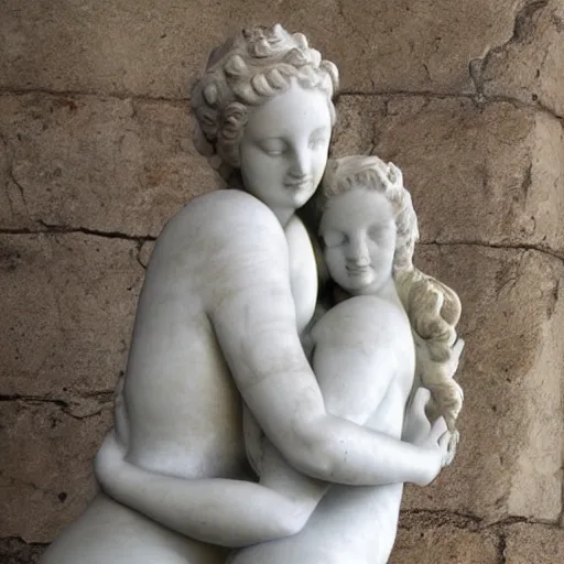 Image similar to sculpture of venus de milo and aphrodite hugging each other, hyperrealistic style in carrara marble