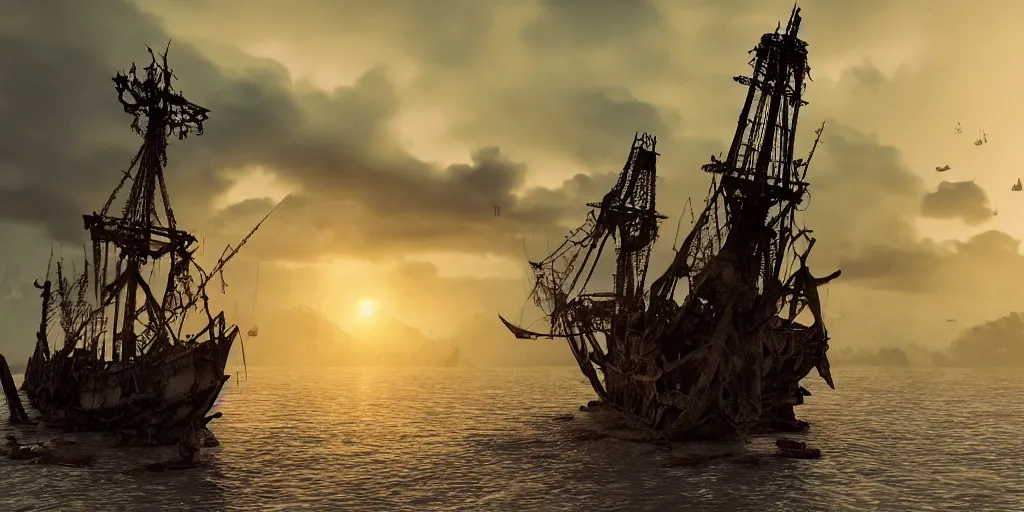 Image similar to shipwrecked spanish galleon, mast and tattered sails, sinking in the mekong delta, sunset, clouds, stormy sea, wrecked sunken pirate ship, tall mast, shipwreck, deconstructed ship, pirate, ghost ship, vietnamese fishing boats, cinematic lighting, hyper realistic, mist, octane render, 8 k, frontlit hyper detailed, ripples, reflections