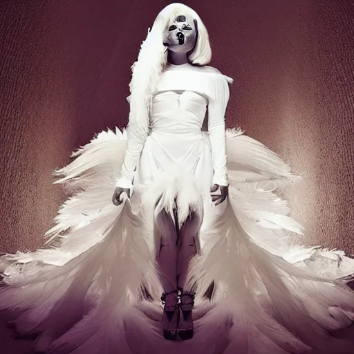 Image similar to lady gaga in a white dress with a plastic bag over her shoulder, a hologram by Alexander McQueen, featured on polycount, gothic art, made of feathers, ethereal, angelic photograph