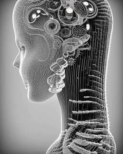 Image similar to mythical dreamy black and white organic translucent bio-mechanical spinal ribbed profile face portrait detail of mechanical beautiful female angelic-snowy-human-doll, highly detailed, intricate crystal jelly steampunk ornate, poetic, 3D render, digital art, octane render, 8K artistic photography, photo-realistic, by Dora Maar