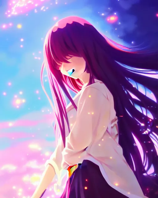 Image similar to anime style, vivid, expressive, full body, 4 k, painting, a cute magical girl with a long wavy black hair, stunning, realistic light and shadow effects, centered, simple background, studio ghibly makoto shinkai yuji yamaguchi