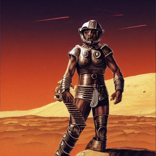 Prompt: roman gladiator, on mars, expanse in background, pulp science fiction illustration