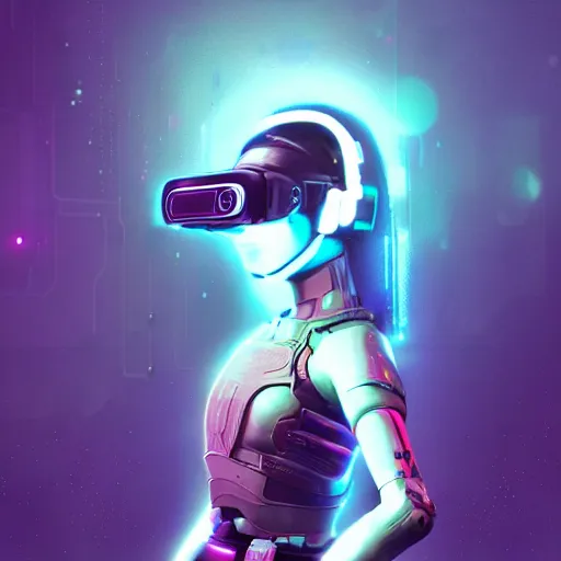 Image similar to cyberpunk concept cool warrior girl bot, cinema 4 d, galaxy, ufo, space sci - fi, wearing vr goggles, illustration, portrait, pastel neon textured background night, trending on artstation, greg rutkowski, octane rendered, 1 2 k, detailed,