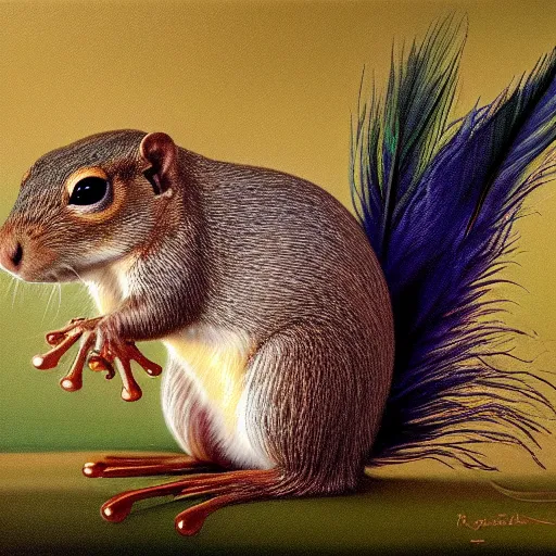 Prompt: a super majestic, beautiful strange true to life hyperrealistic oil painting depicting a good mood on a bad day. 1 6 k resolution. vivid light and colors. fantastically special beautifully elegant ground squirrel with a mix of feathers, highly detailed image shown a variety of different styles of a mentally ill frog