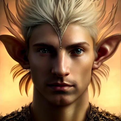 Image similar to portrait painting of a young elven man with a soft face and short light orange hair and tribal tattoos on his face wearing feather armor, ultra realistic, concept art, intricate details, eerie, highly detailed, photorealistic, octane render, 8 k, unreal engine. art by artgerm and greg rutkowski and charlie bowater and magali villeneuve and alphonse mucha