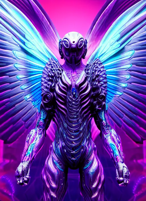 Prompt: a photo of 8 k ultra realistic archangel with 6 wings, full body, intricate purple and blue hard surfaces, futuristic, science fiction themes, highly saturated colors, holographic undertones, overdetailed art, concept art, detailed illustration, hd, 4 k, octane rendered