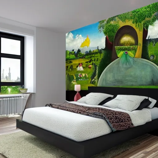 Image similar to a bedroom decorated with wall murals painted by bosch, 4 k