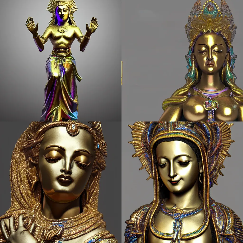 Prompt: a madonna statue made of iridiscent metal inspired by the looks of vishnu, very detailed, unreal engine 5, made for an art gallery