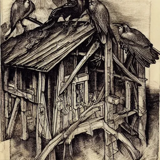 Image similar to gothic wooden hut with ravens and spiders, Ink, By Albrecht Durer