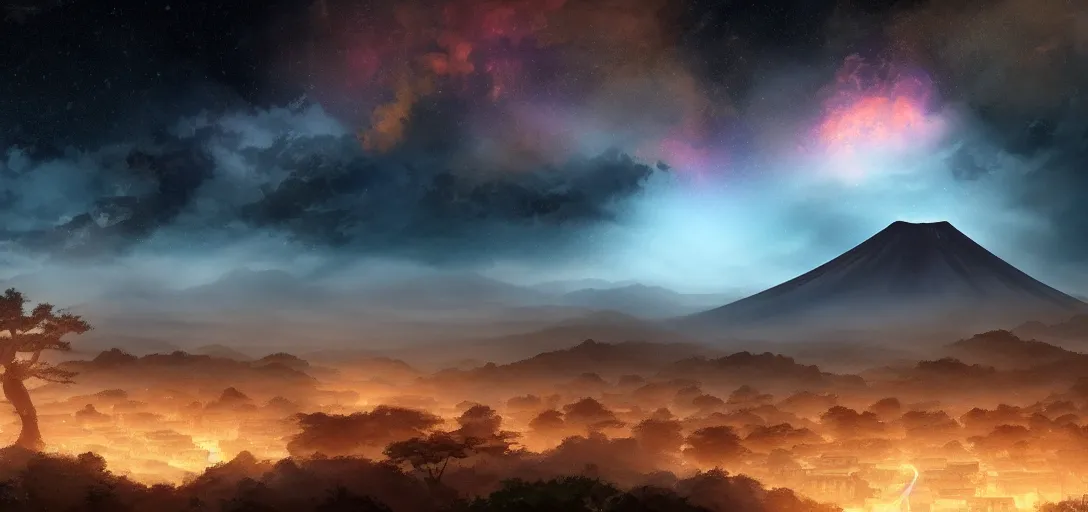 Image similar to view of an ancient japanese city at night, temples, trees, dormant volcanoes in the background, galaxy nebula, dramatic clouds, glowing fog, dramatic lighting, ultra detailed, sharp, ambient occlusion, raytracing, by greg rutowski, paul chadeisson and jessica rossier