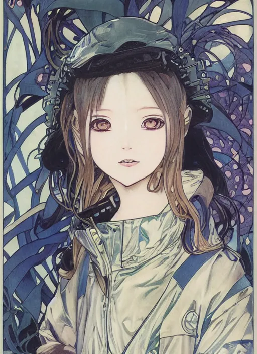 Image similar to a copic maker manga illustration by yoshiyuki sadamoto and lois van baarle and alphonse mucha of a japanese girl highly detailed big eyes wearing streetwear anorak and a pilot suit lots of zippers, pockets, synthetic materials, by issey miyake and balenciaga 8 k