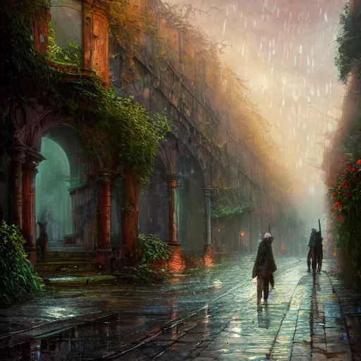 Prompt: the streets of an abandoned crumbling city overgrown by flowers and vines by Tyler Edlin and Jean Delville and John Aktinson Grimshaw and Robert Hubert, german romanticism style, oil on canvas, cinematic lighting, vibrant, hdr, concept art, rain reflections