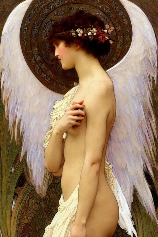 Image similar to painting of a beautifully dressed angel with huge feather wings, intricate, elegant, hyperdetailed by alphonse mucha and william - adolphe bouguereau and john william waterhouse