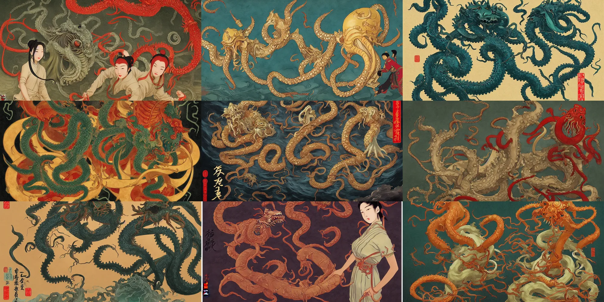 Prompt: ming dynasty, cthulhu, in the style of studio ghibli, j. c. leyendecker, greg rutkowski, artem