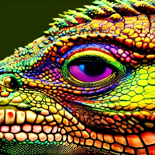 Prompt: Psychedelic technicolor iguana, high quality, 8k photography, ultra realistic, trending on Artstation