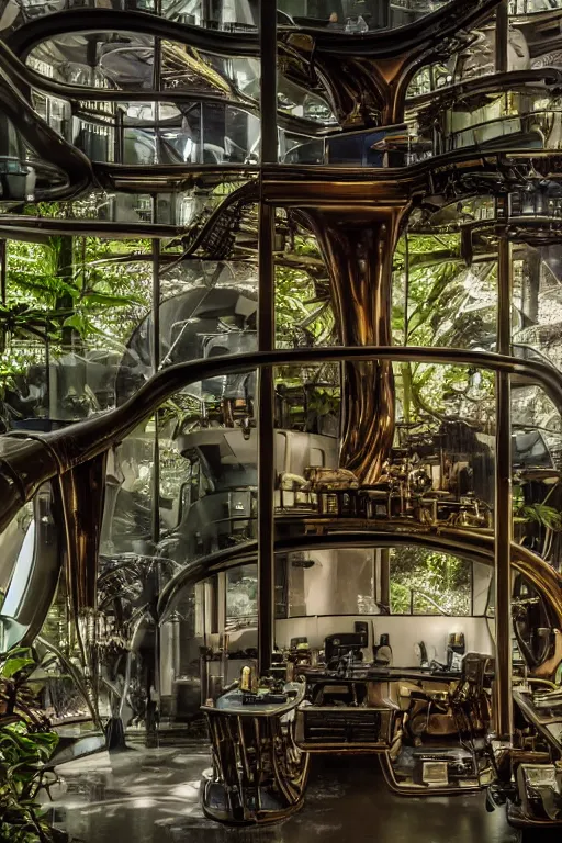 Image similar to a futuristic steampunk science office, inside a building built in the middle of a lush tropical rainforest, steampunk furniture and computers, lush forest outside of the window, cinematic back lit lighting, realistic, detailed, canon 50mm lens,