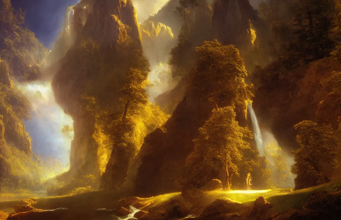 Prompt: a huge arc far away in an albert bierstadt inspired landscape detailed dreamscape, hyperreal phantastic landscape, golden ratio, high aestehtic, waterfall cascades, cinematic light dramatic light, trending on artstation