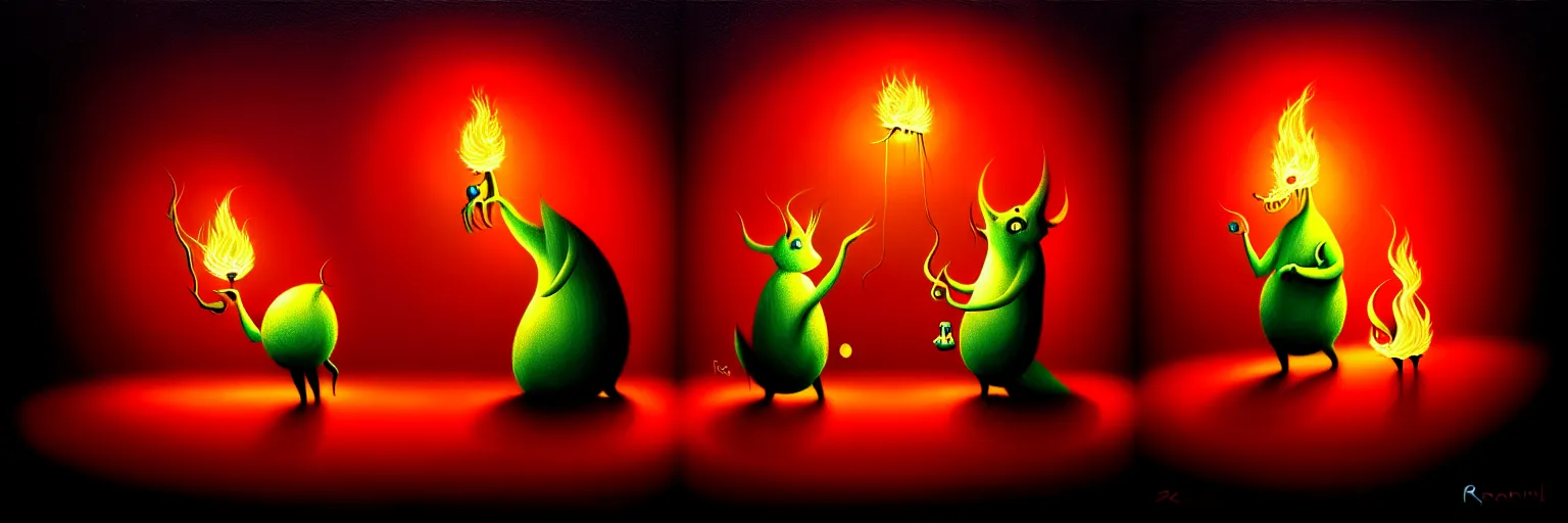 Image similar to whimsical creatures from the depths of the imagination, dramatic lighting from fire glow, surreal dark uncanny painting by ronny khalil