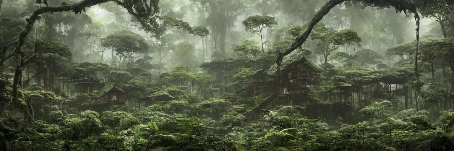 Prompt: japanese metabolism architecture deep in the rainforest. nature is taking over. matte painting in the style of craig mullins. mist. cinematic. octane render.