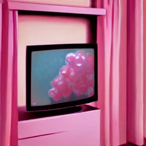 Prompt: a television in a pink room showing static that looks like a well, oil painting, ultradetailed, artstation, ultradetailed, digital painting, ultradetailed