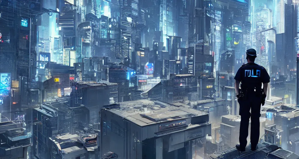 Prompt: a futuristic policeman stands on a rooftop of a cyberpunk city