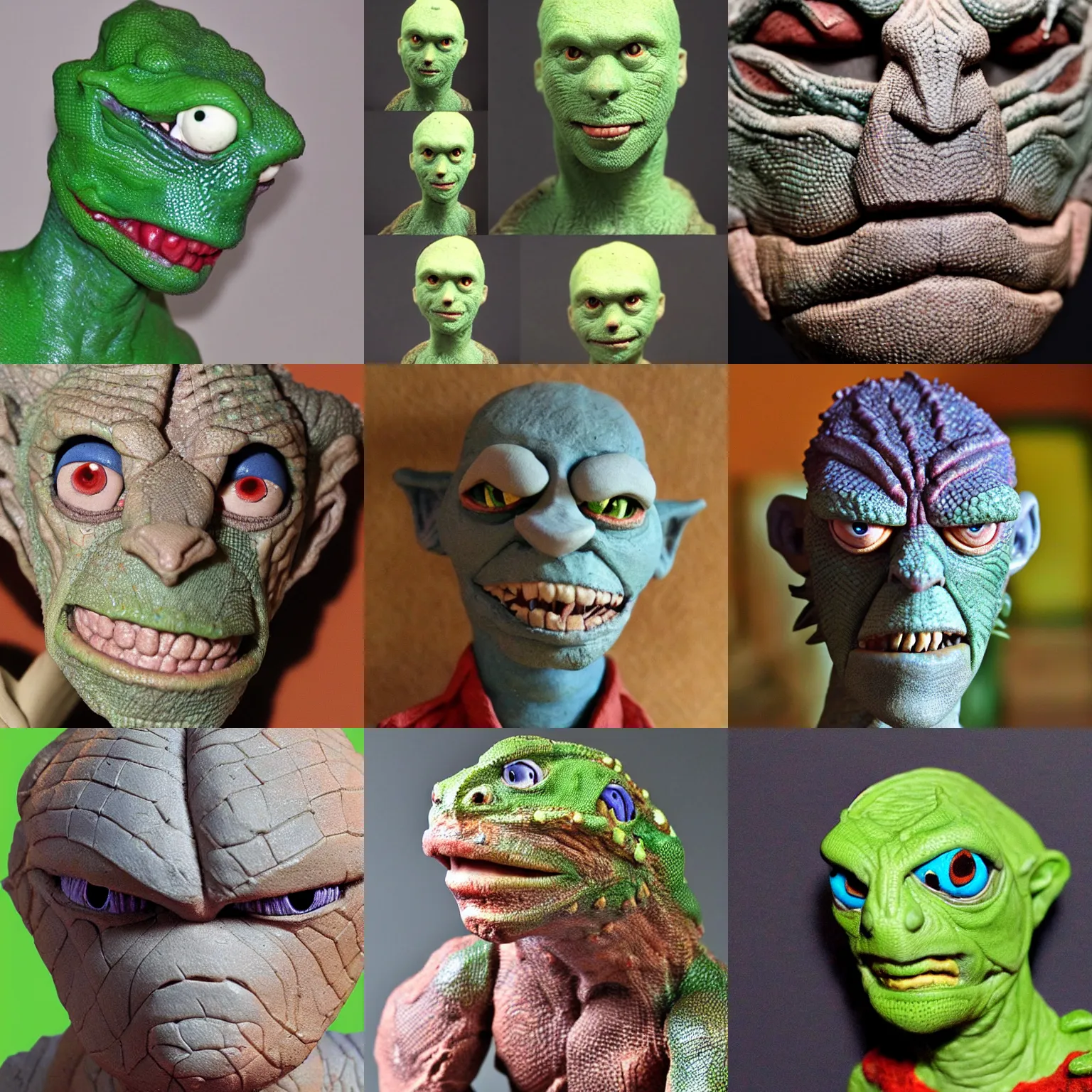 Prompt: lizard man!!! clay! close detailed sculpted head of lizard man , style: claymation puppet kids clay , by guldies