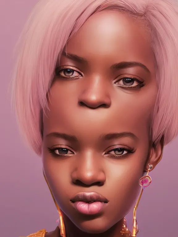 Prompt: beautiful nigerian girl with short pink hair and nose piercing, pink eye liner, thin round earrings, winds of winter, hyper detailed, digital art, trending in artstation, cinematic lighting, studio quality, smooth render, octane rendered, concept art, sharp focus, illustration, art by artgerm and greg rutkowski and wlop