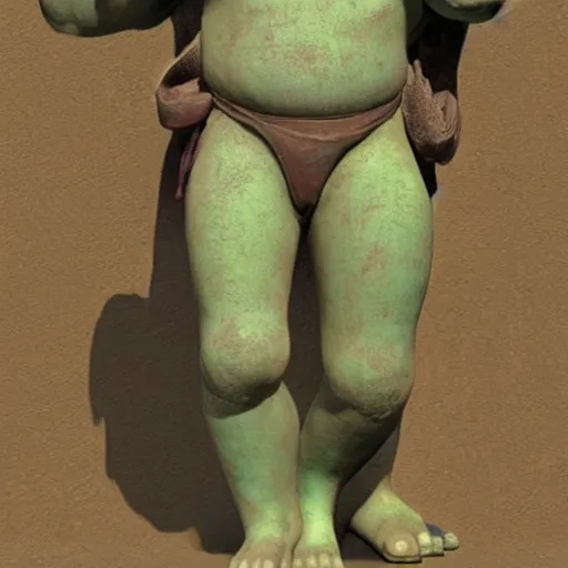 Prompt: shrek ancient mesopotamian statue, concept art by ralph mcquarrie