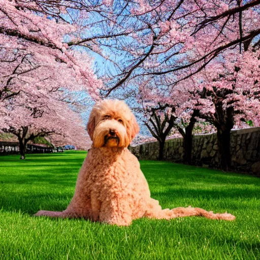 Image similar to a goldendoodle meditation below a Sakura tree, 8k, nature photography