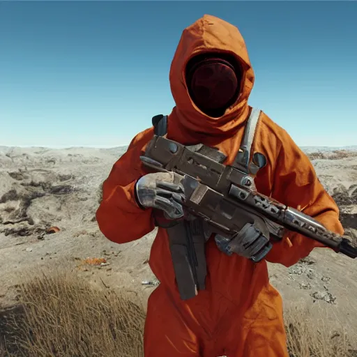 Prompt: rust facepunch game guy in hazmat suit, standing on top of dome and aiming assault rifle