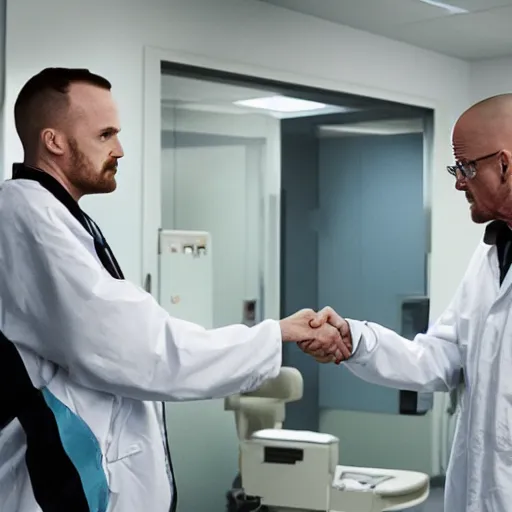 Prompt: Walter White shaking hands with Jesse Pinkman from Breaking Bad, detailed, smooth, decent lighting, hospital room, 4k