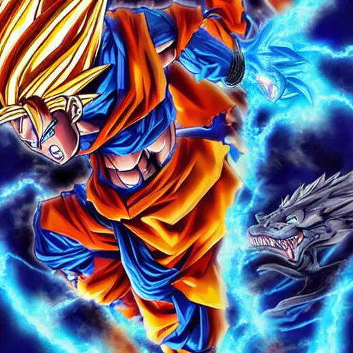 Prompt: Super Saiyan Blue, fantasy artwork, official, hyper detailed, half dragon, draco saiyan, Chinese dragon, reptile, shenron, god character dragonball, award winning artwork