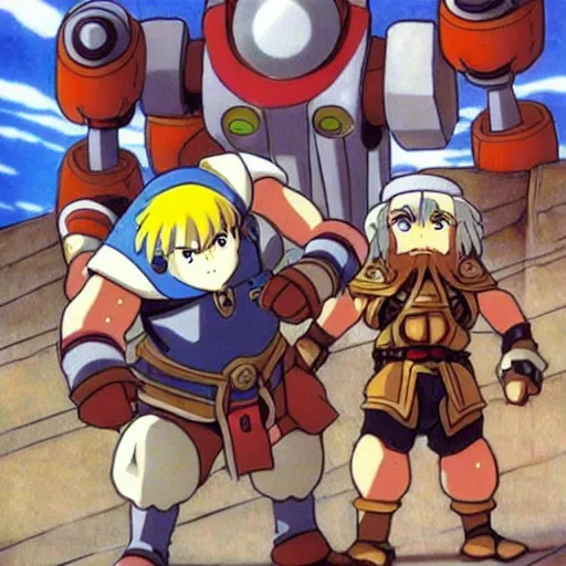 Image similar to dwarves fighting robots, anime by Hayao Miyazaki